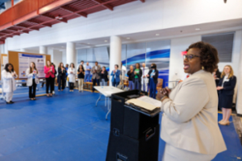 Dr. Loretta Jackson-Williams, Vice Dean for Medical Education, the keynote speaker for the inaugural event, welcoming all participants and attendees to the DABE Research Day.